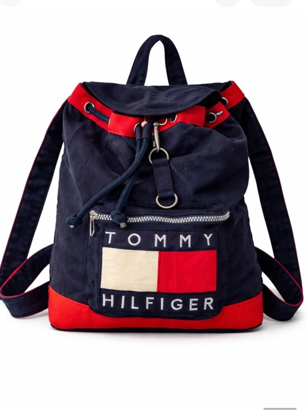 Vintage Y2K Tommy Hilfiger Logo Drawstring Backpack Navy Red Bookbag